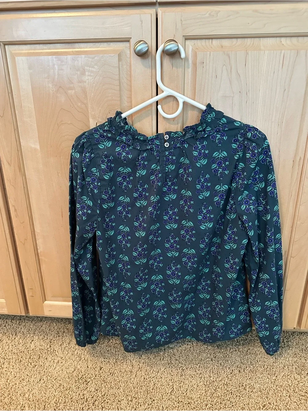 J. Crew Navy Floral Smocked Ruffle Blouse